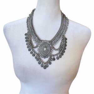 Boho Silver Layered Statement Bib Necklace Medallion Festival Tribal 18.25"